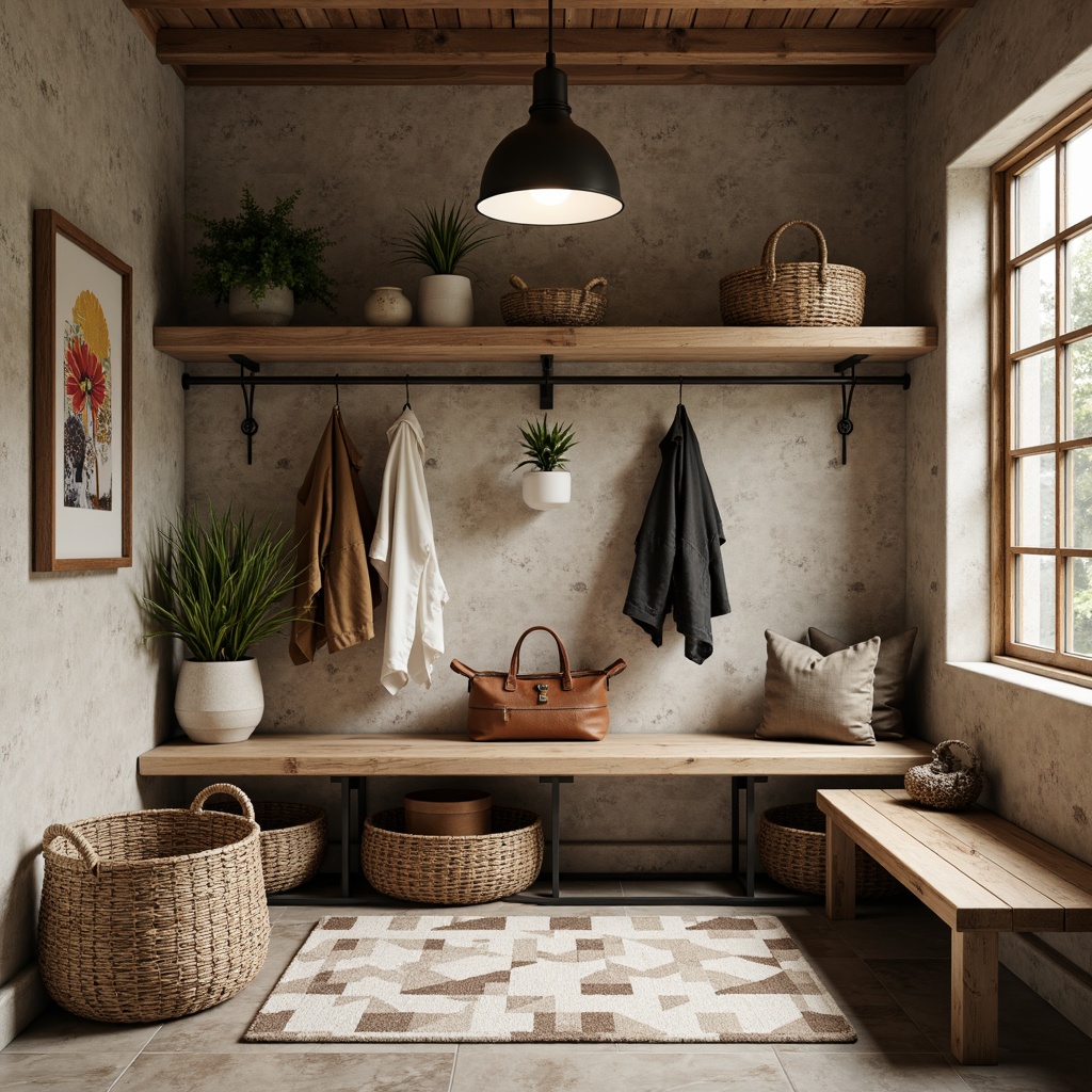 Prompt: Mid-century modern mudroom, natural stone flooring, earthy tones, woven baskets, industrial metal shelving, reclaimed wood accents, minimalist decor, geometric patterned rugs, oversized pendant lighting, soft warm glow, 1/1 composition, realistic textures, ambient occlusion.Please let me know if this meets your requirements!