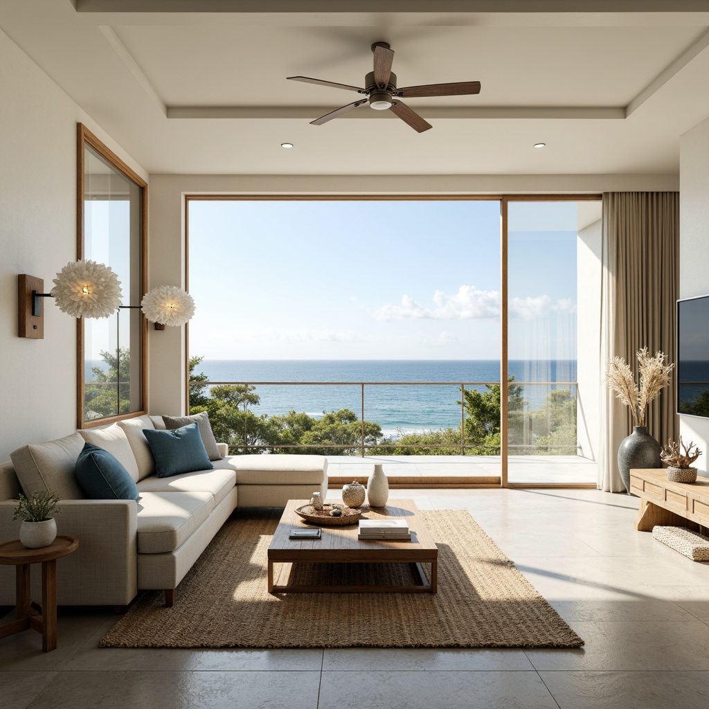 Prompt: Coastal living room, large windows, sliding glass doors, ocean views, natural light flooding, creamy white walls, driftwood accents, woven sea grass rugs, linen upholstery, soft blue hues, coral-inspired decorative pieces, shell-shaped lighting fixtures, minimalist decor, beachy vibe, airy atmosphere, 1/1 composition, warm softbox lighting, shallow depth of field, realistic textures.