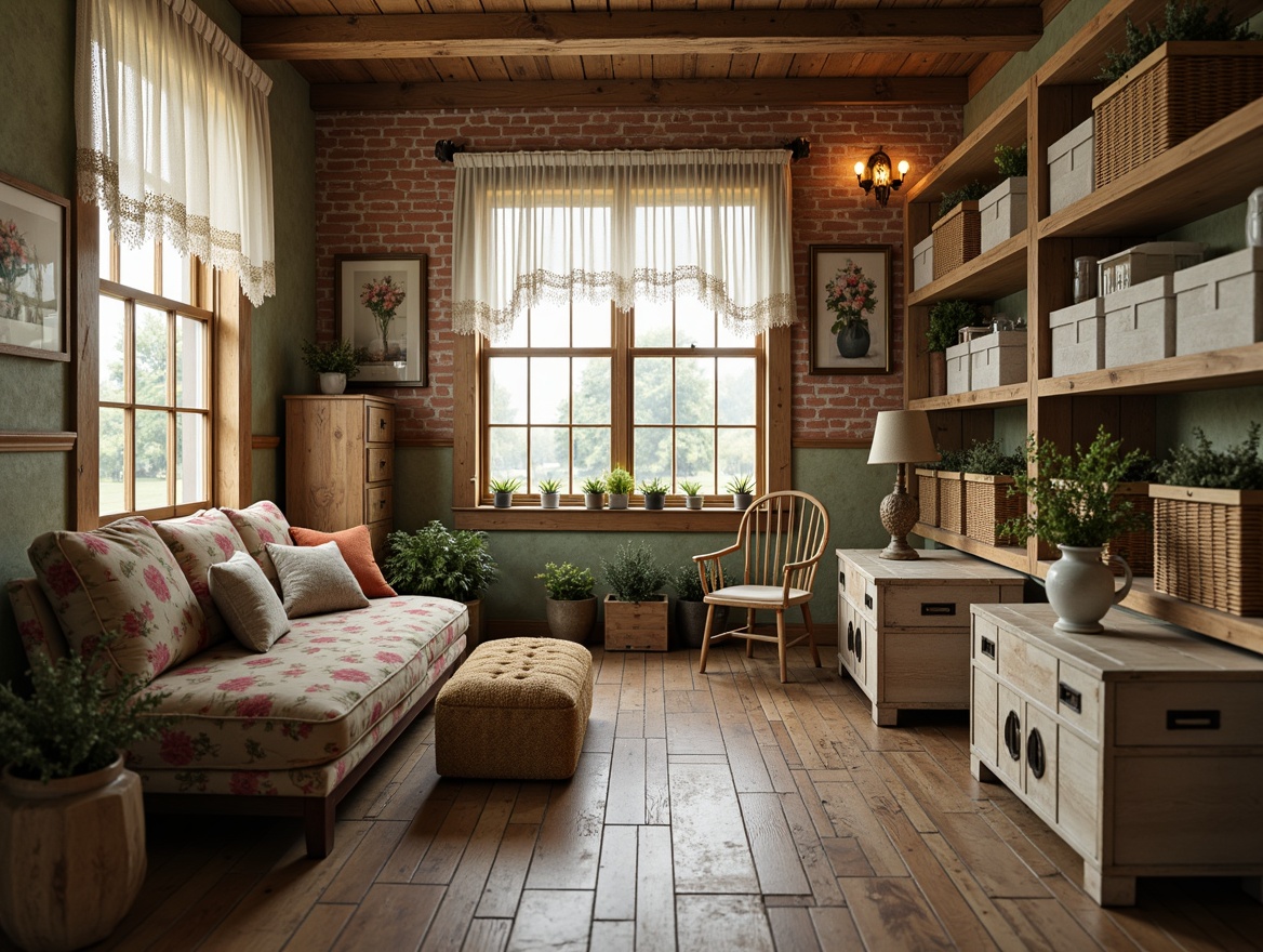 Prompt: Vintage storage room, distressed wooden crates, soft pastel colors, floral patterns, lace trim, ruffled curtains, antique furniture, ornate metal hardware, woven baskets, velvet upholstery, tufted ottomans, rustic wooden shelves, aged brick walls, warm beige lighting, shallow depth of field, 1/2 composition, intimate atmosphere, realistic textures, ambient occlusion.