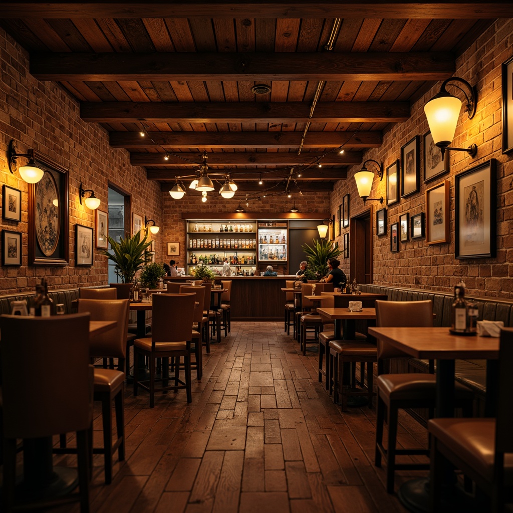 Prompt: Cozy pub atmosphere, warm earthy tones, rich wooden textures, vintage metal accents, soft glowing lanterns, rustic brick walls, comfortable leather upholstery, classic beer barrels, lively gathering spaces, dim warm lighting, shallow depth of field, 2/3 composition, realistic wood grain, ambient occlusion.