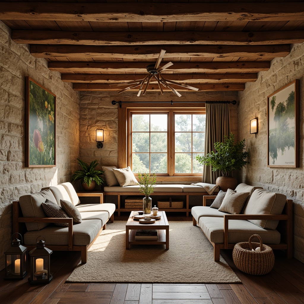 Prompt: Rustic wooden furniture, natural stone walls, earthy color palette, plush area rugs, comfortable reading nooks, vintage metal lanterns, wooden ceiling beams, cozy window seats, woven wicker baskets, nature-inspired artwork, soft warm lighting, shallow depth of field, 1/2 composition, intimate atmosphere, realistic textures, ambient occlusion.