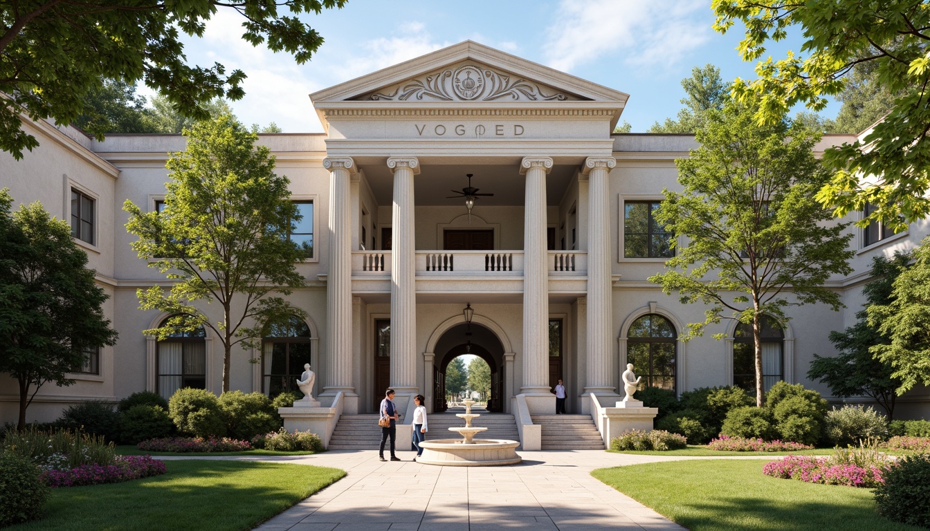 Prompt: Grand campus entrance, Ionic columns, ornate capitals, symmetrical facade, limestone walls, rusticated bases, arched windows, decorative balustrades, manicured lawns, vibrant flower beds, shaded walkways, elegant fountains, classical sculptures, warm afternoon sunlight, soft shadows, 1/1 composition, realistic textures, ambient occlusion.