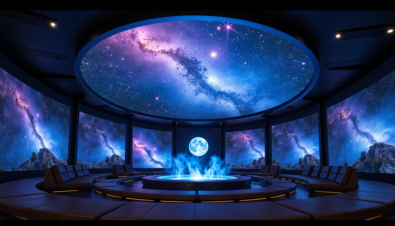 Prompt: Cosmic planetarium, celestial bodies, starry night sky, deep blues and purples, neon accents, glowing nebulae, iridescent mist, futuristic architecture, dome-shaped ceiling, circular seating, interactive exhibits, 3D visualizations, immersive experience, soft ambient lighting, atmospheric sound effects, realistic textures, subtle animations.