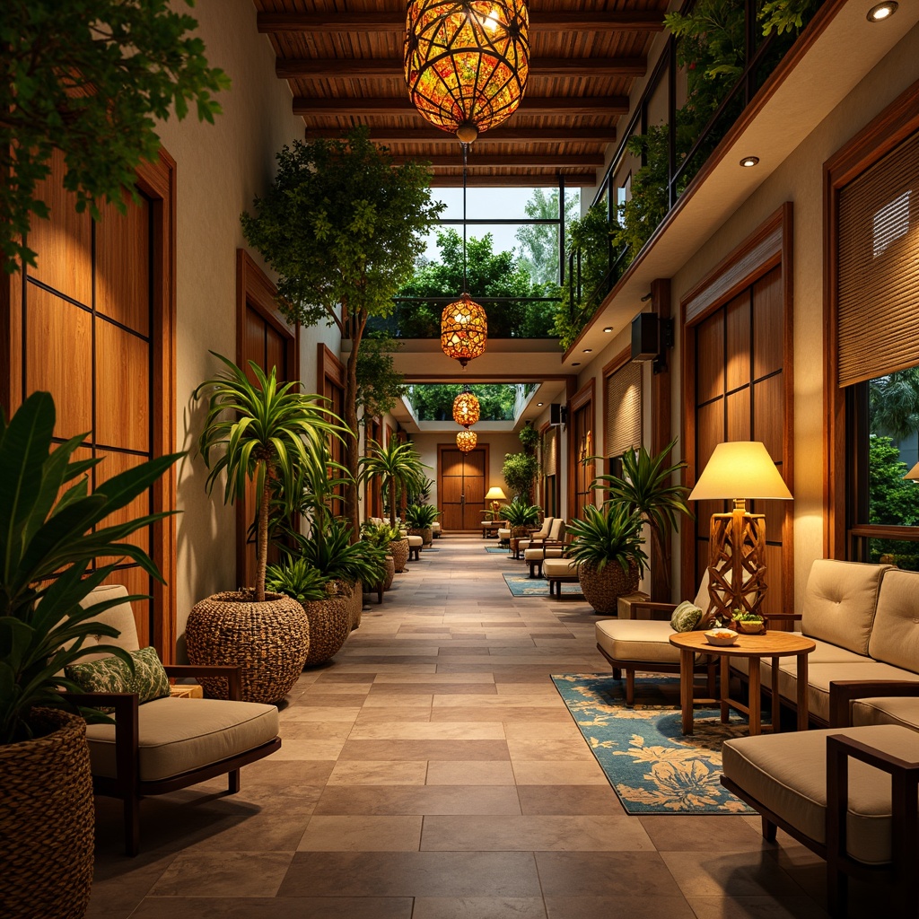 Prompt: Vibrant tropical hall, exotic plants, natural wood accents, woven rattan furniture, colorful tiki torches, warm soft lighting, pendant lanterns, nature-inspired chandeliers, floor lamps with wicker shades, cozy reading nooks, ambient warm glow, shallow depth of field, 1/1 composition, realistic textures, warm beige walls, rich brown wood tones, lush greenery, floral patterns, natural fiber rugs, woven bamboo blinds.