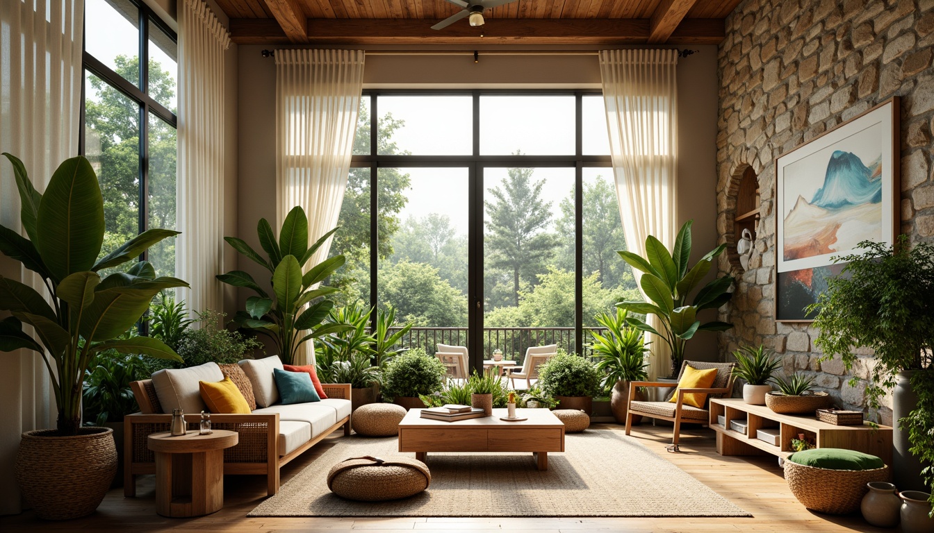 Prompt: Vibrant living room, lush greenery, potted plants, natural textures, wooden furniture, earthy tones, cozy atmosphere, warm soft lighting, modern minimalist decor, spacious interior, floor-to-ceiling windows, sheer curtains, rustic stone walls, woven baskets, rattan chairs, colorful throw pillows, abstract artwork, serene ambiance, gentle misting system, 1/1 composition, shallow depth of field, realistic plant textures.