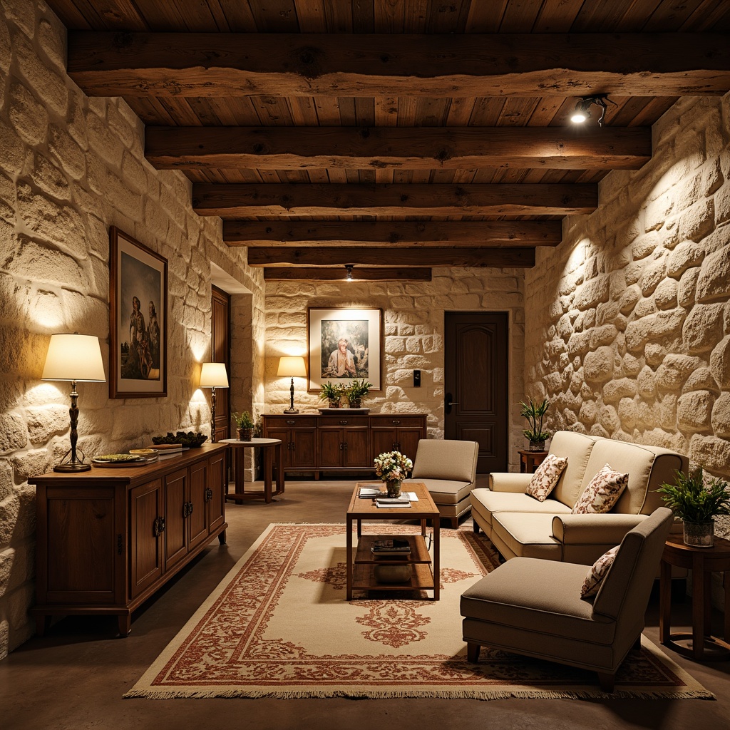 Prompt: Cozy basement, rustic stone walls, wooden beams, soft warm lighting, plush area rugs, vintage furniture, distressed wood accents, ornate metalwork, rich velvet fabrics, intricate lace trim, toile de Jouy patterns, classic stripes, subtle florals, warm earth tones, natural linen textures, comfortable seating areas, intimate ambiance, French country charm, rustic elegance, warm beige colors, soft candlelight, 1/1 composition, realistic rendering.