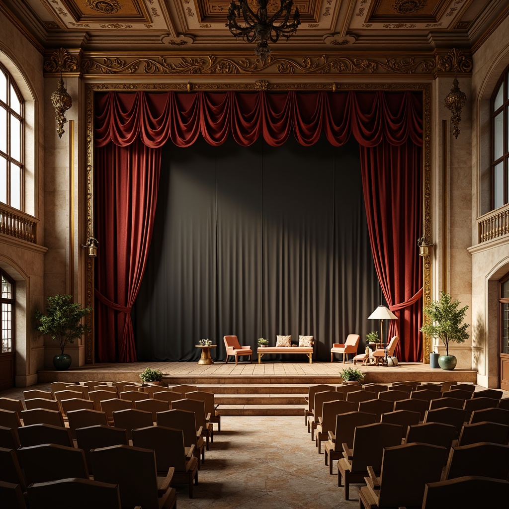 Prompt: Rustic wooden stage, ornate gold details, velvet curtains, soft warm lighting, intimate seating, classic French country architecture, stone walls, distressed wood accents, vintage props, elegant chandeliers, rich fabrics, intricate carvings, subtle color palette, natural textures, 3/4 composition, shallow depth of field, warm afternoon light, realistic render.