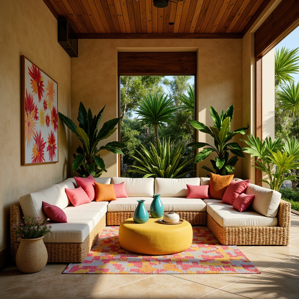 Prompt: Vibrant tropical family room, lush greenery, exotic plants, warm sandy beige walls, rich wood accents, colorful woven textiles, natural rattan furniture, plush sectional sofas, vibrant coral pink throw pillows, sunny yellow ottoman, turquoise blue vases, ocean-inspired decorative accessories, soft golden lighting, shallow depth of field, 1/1 composition, realistic textures, ambient occlusion.