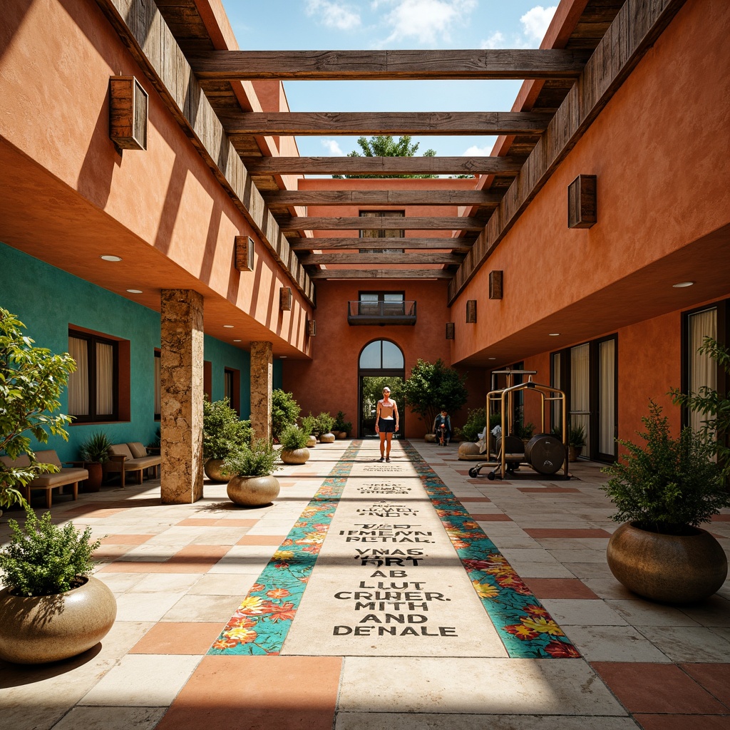 Prompt: Vibrant Mediterranean gymnasium, warm terracotta walls, turquoise accents, rustic wooden beams, natural stone flooring, sunny atrium, lush greenery, vibrant colorful tiles, metallic fitness equipment, motivational quotes, Mediterranean-inspired patterns, aromatic essential oils, refreshing citrus scents, ambient soft lighting, 3/4 composition, shallow depth of field, realistic textures.