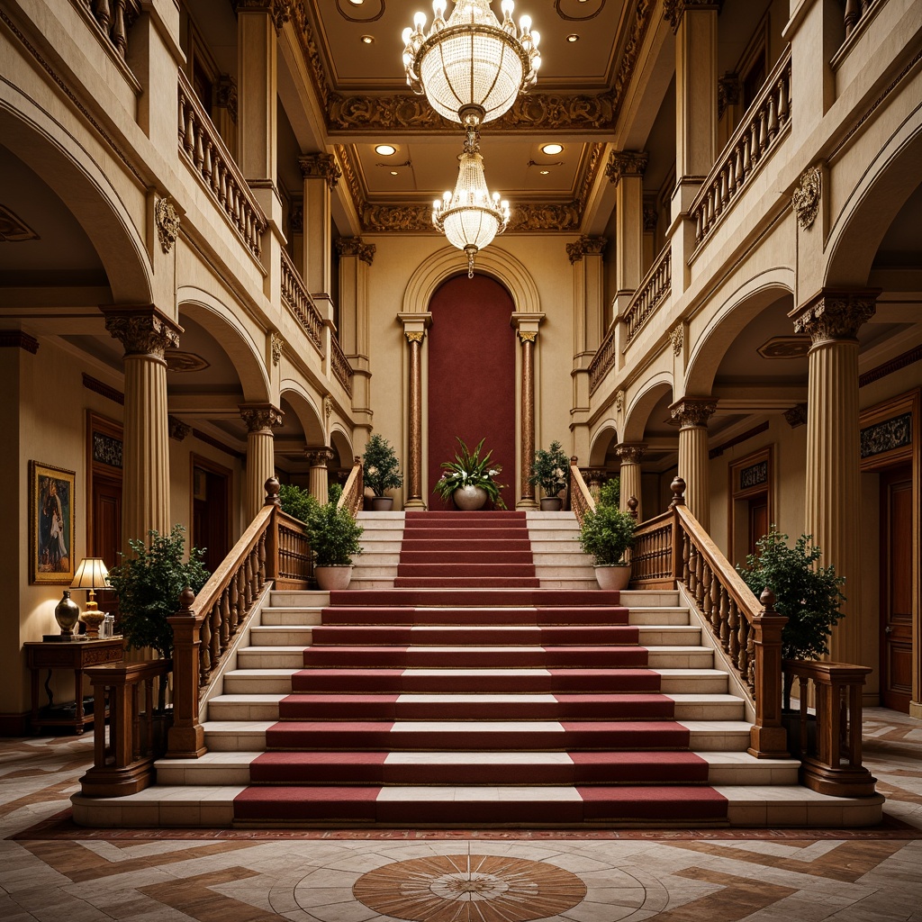 Prompt: Grand staircase, ornate balustrades, intricately carved wooden handrails, polished marble steps, majestic arches, Corinthian columns, ornamental moldings, gilded details, luxurious velvet upholstery, stately chandeliers, opulent crystal fixtures, elegant curved lines, refined proportions, warm golden lighting, soft shadows, 1/1 composition, realistic textures, ambient occlusion.