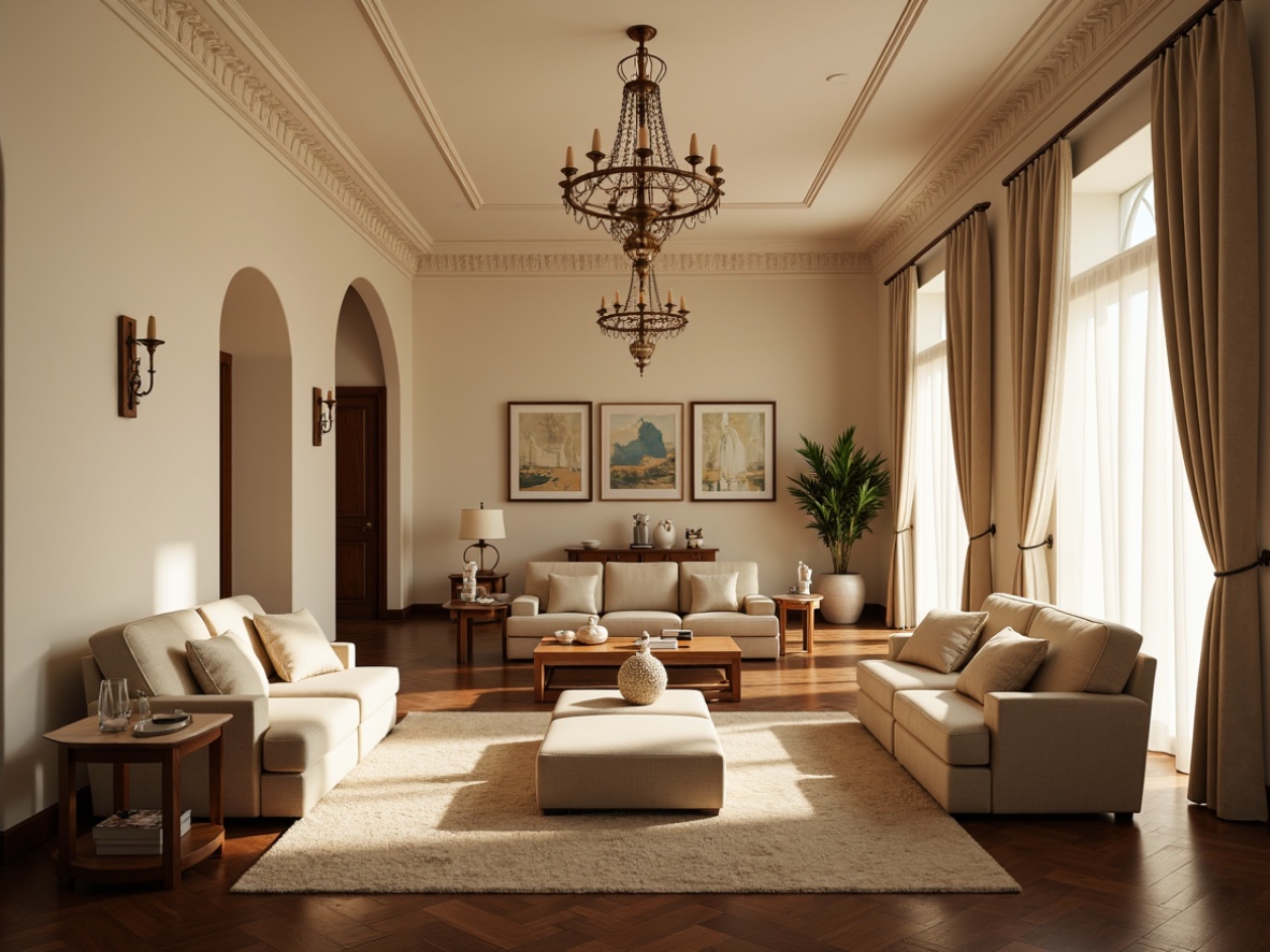 Prompt: Warm villa interior, soft natural light, creamy white walls, dark wood flooring, elegant chandeliers, table lamps, floor lamps, warm beige furniture, plush area rugs, velvety drapes, ornate ceiling details, subtle color palette, calming ambiance, 1/1 composition, shallow depth of field, realistic textures, ambient occlusion.