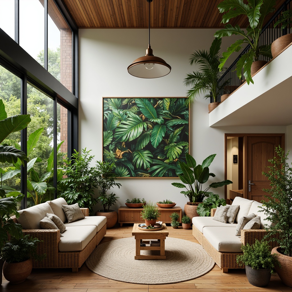 Prompt: Vibrant living room, lush greenery, potted plants, natural materials, wicker furniture, rattan decorations, earthy color palette, warm soft lighting, cozy textiles, plush area rug, wooden accents, minimalist decor, modern architecture, floor-to-ceiling windows, urban jungle atmosphere, oxygen-rich environment, air-purifying foliage, serene ambiance, relaxing vibes, nature-inspired artwork, botanical prints, tropical patterns, lively colors.