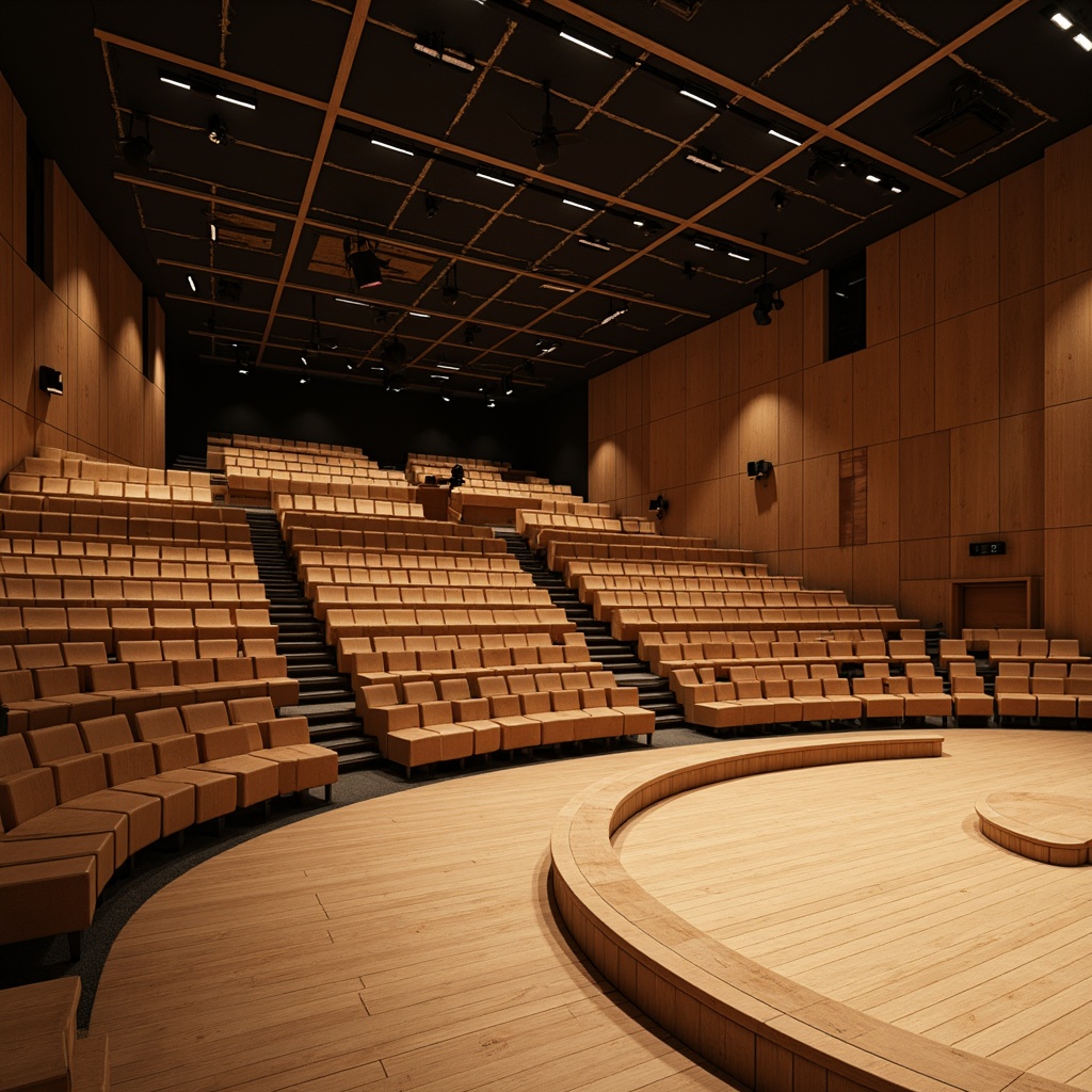 Prompt: Modern auditorium interior, wooden floorboards, tiered seating, curved stage design, professional sound equipment, acoustic panels, absorptive materials, diffusive surfaces, minimalist decor, warm ambient lighting, shallow depth of field, 2/3 composition, realistic textures, subtle color palette, sound wave patterns, geometric shapes, innovative architecture, functional design elements.