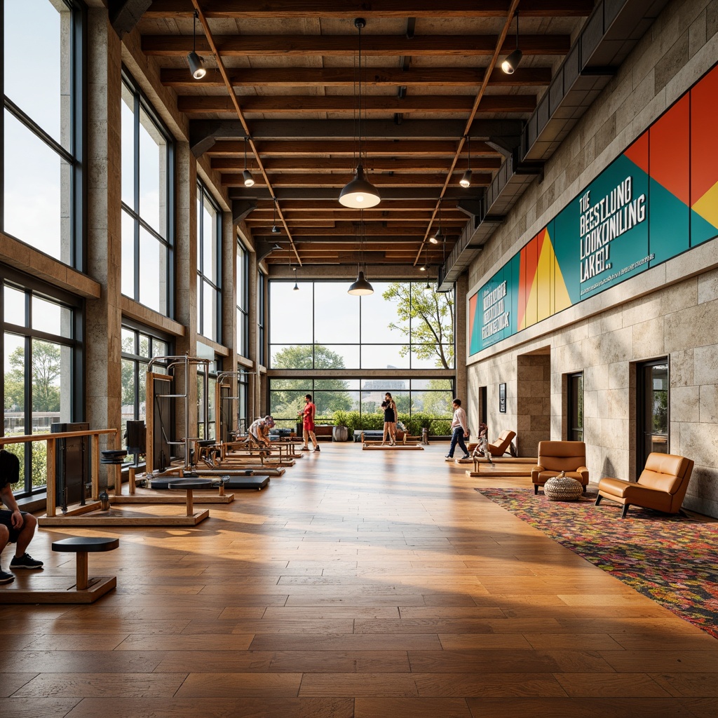 Prompt: Retro-style gymnasium, polished wooden floors, mid-century modern architecture, high ceilings, large windows, natural light, open spaces, minimal decor, functional equipment, vintage exercise machines, colorful geometric patterns, bold typography, industrial metal beams, concrete walls, reclaimed wood accents, abstract artwork, energetic color scheme, softbox lighting, shallow depth of field, 1/1 composition, symmetrical framing.