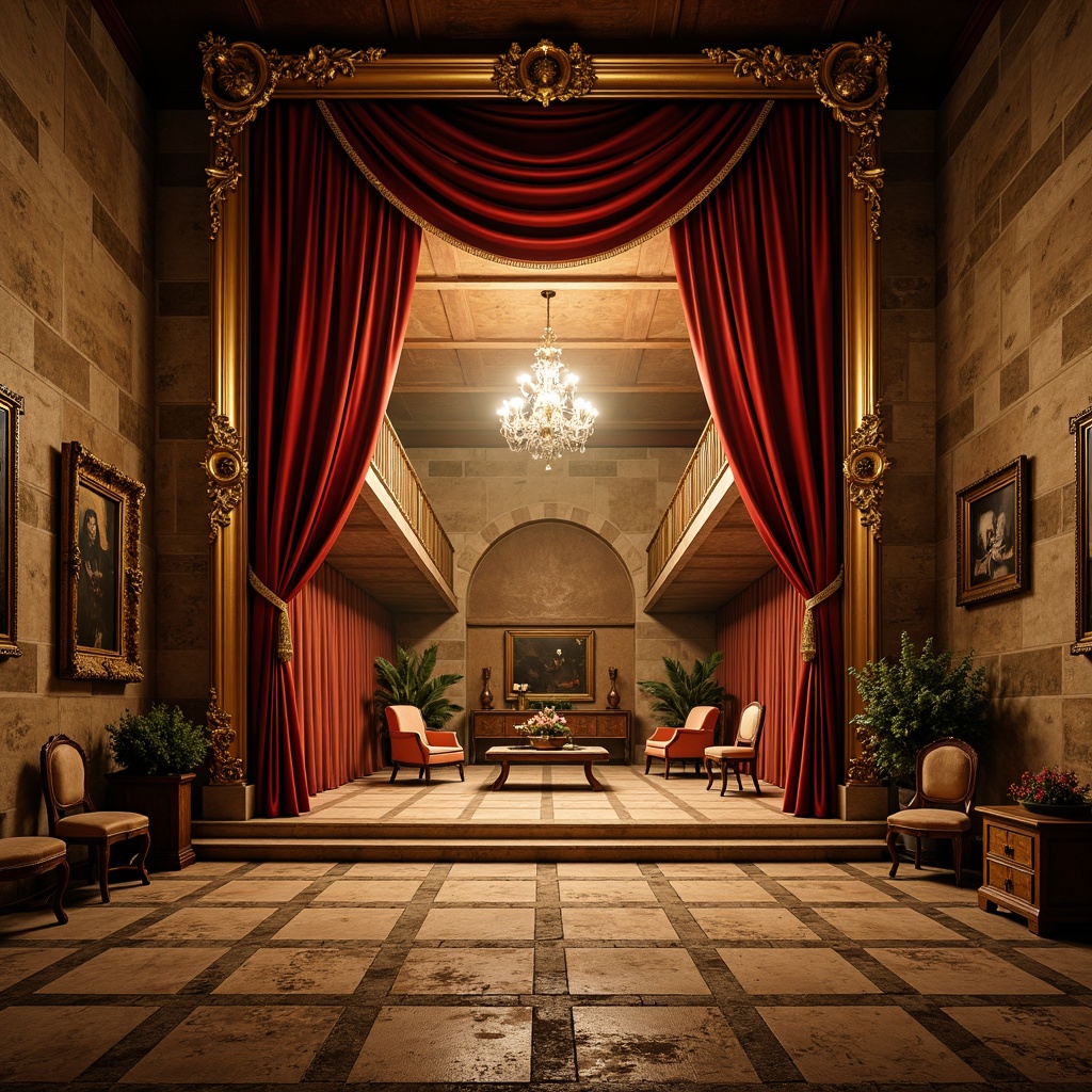 Prompt: Rustic wooden stage, soft golden lighting, velvet red curtains, ornate gold frames, elegant chandeliers, distressed stone walls, worn brick floors, vintage furniture props, lavish drapery, rich tapestries, intricate carvings, antique accessories, warm beige colors, aged wood textures, 3/4 composition, cinematic framing, dramatic shadows, warm spotlighting.