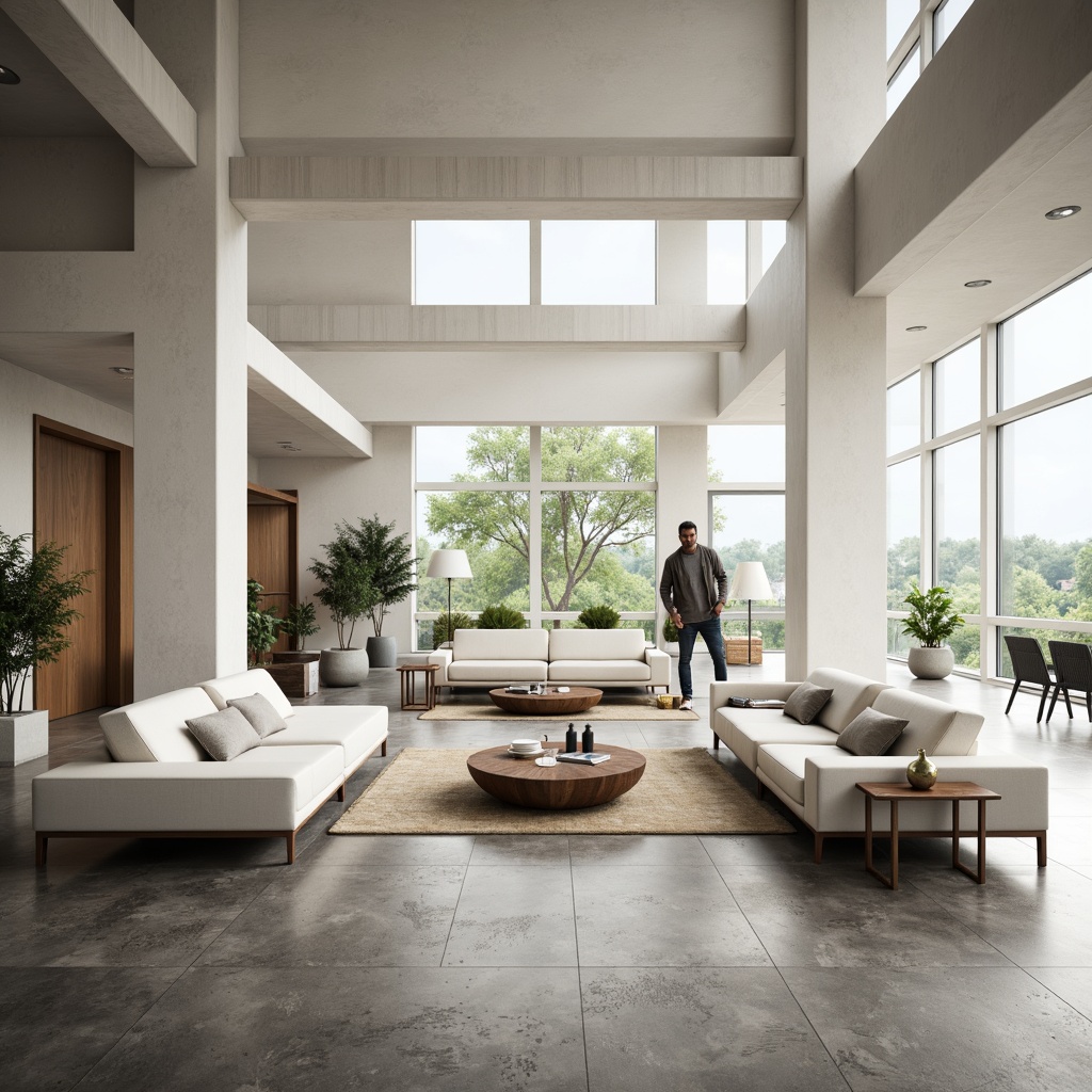 Prompt: Minimalist open space, sleek furniture, neutral color palette, modern sofas, geometric coffee tables, floor lamps, indoor plants, polished concrete floors, large windows, natural light, airy atmosphere, subtle textures, shallow depth of field, 1/1 composition, panoramic view, realistic renderings, ambient occlusion.