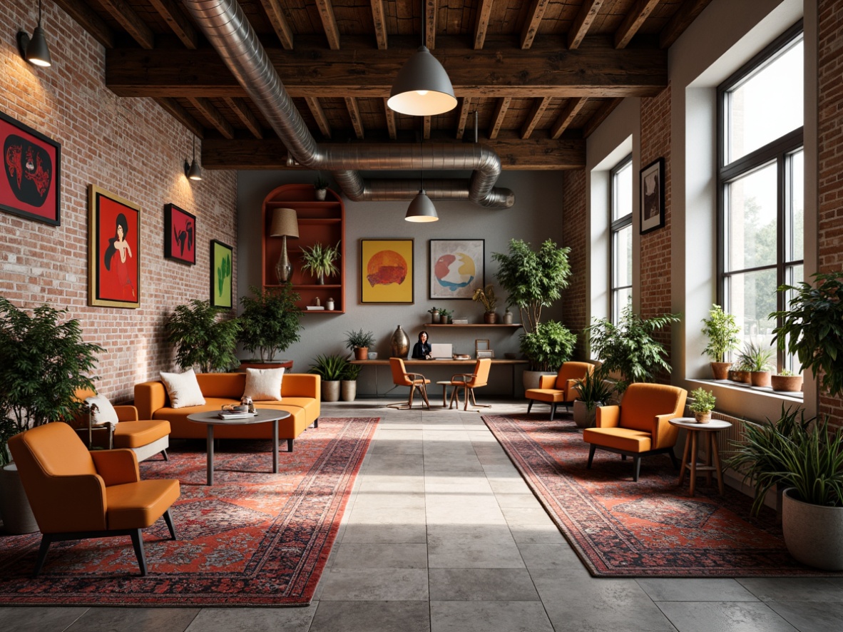 Prompt: Richly patterned rugs, vintage wooden furniture, distressed brick walls, industrial metal beams, eclectic artwork, bold colorful accents, natural stone floors, reclaimed wood shelves, exposed ductwork, modern minimalist desks, ergonomic chairs, lush greenery, abstract sculptures, warm task lighting, shallow depth of field, 2/3 composition, realistic textures, ambient occlusion.