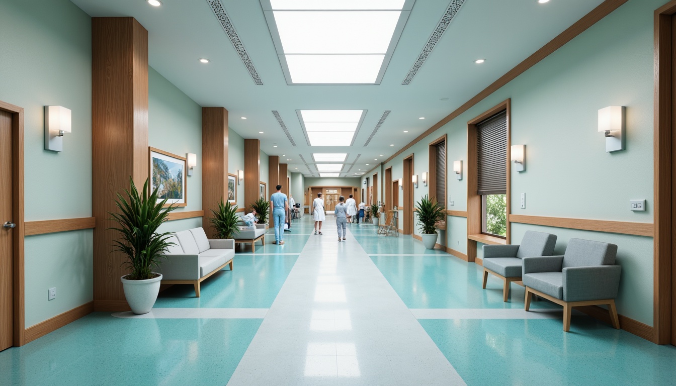 Prompt: Sterile hospital corridors, antimicrobial flooring, durable walls, calming color schemes, soft indirect lighting, comfortable waiting areas, natural wood accents, sleek metal fixtures, easy-to-clean surfaces, acoustic panels, noise-reducing materials, germ-resistant coatings, hygienic textiles, minimalist decor, modern medical equipment, advanced technology integration, spacious patient rooms, ergonomic furniture, soothing art pieces, abundant natural light, gentle color transitions, 1/2 composition, shallow depth of field, realistic textures, ambient occlusion.