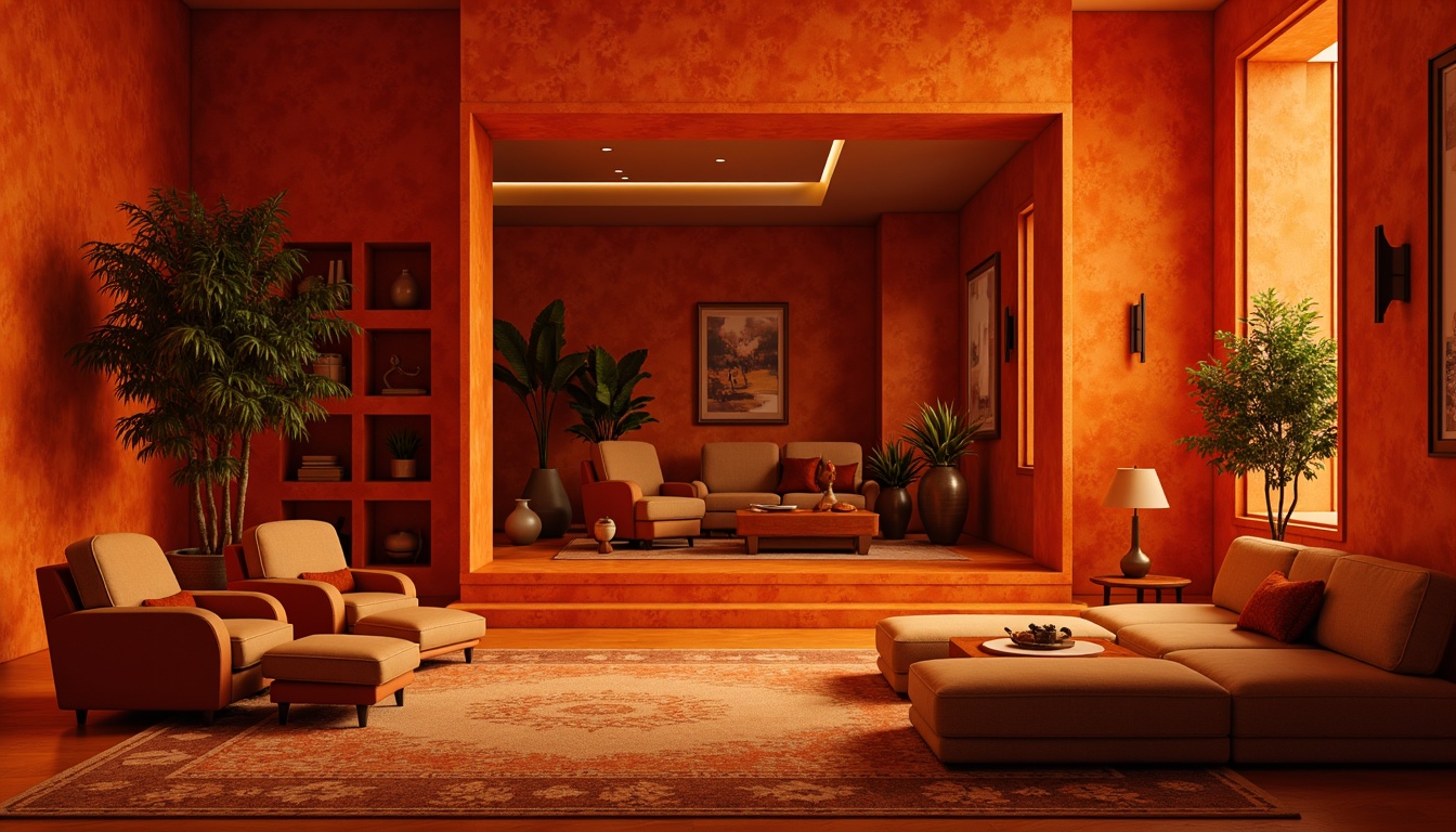 Prompt: Vibrant persimmon hues, warm orange tones, rich earthy undertones, luxurious velvet textures, elegant minimalist spaces, sleek modern furniture, sophisticated geometric patterns, intricate ornate details, subtle warm lighting, atmospheric ambient glow, shallow depth of field, 3/4 composition, realistic renderings, cinematic mood, futuristic ambiance.