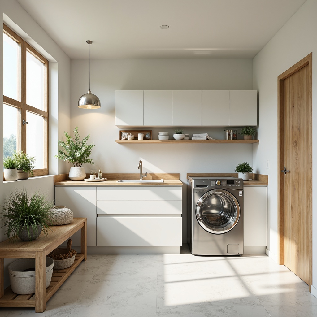 Prompt: Clean laundry room, soft pastel hues, calming whites, creamy beiges, gentle blues, warm wood tones, stainless steel appliances, modern minimalist decor, ample natural light, subtle texture contrasts, 3/4 composition, shallow depth of field, realistic reflections.