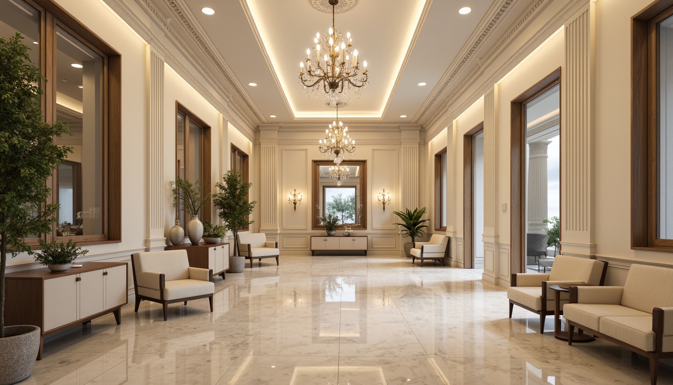 Prompt: Elegant dental clinic, neoclassical architecture, ornate moldings, polished marble floors, cream-colored walls, grand chandeliers, warm soft lighting, LED strips, recessed ceiling lights, frosted glass partitions, comfortable waiting areas, plush furniture, subtle color palette, natural stone accents, ornamental metalwork, high ceilings, symmetrical composition, shallow depth of field, realistic textures, ambient occlusion.