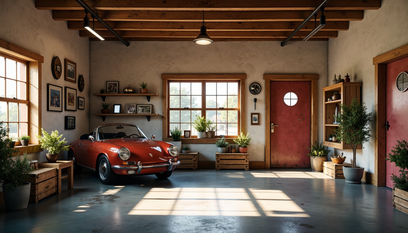 Prompt: Cozy garage interior, warm earthy tones, natural wood accents, soft beige walls, calming blue-gray floors, rusty red metal doors, industrial-style lighting fixtures, vintage car displays, nostalgic memorabilia, distressed wooden crates, rustic brick textures, warm sunny day, soft diffused light, 1/1 composition, intimate atmosphere, realistic reflections.