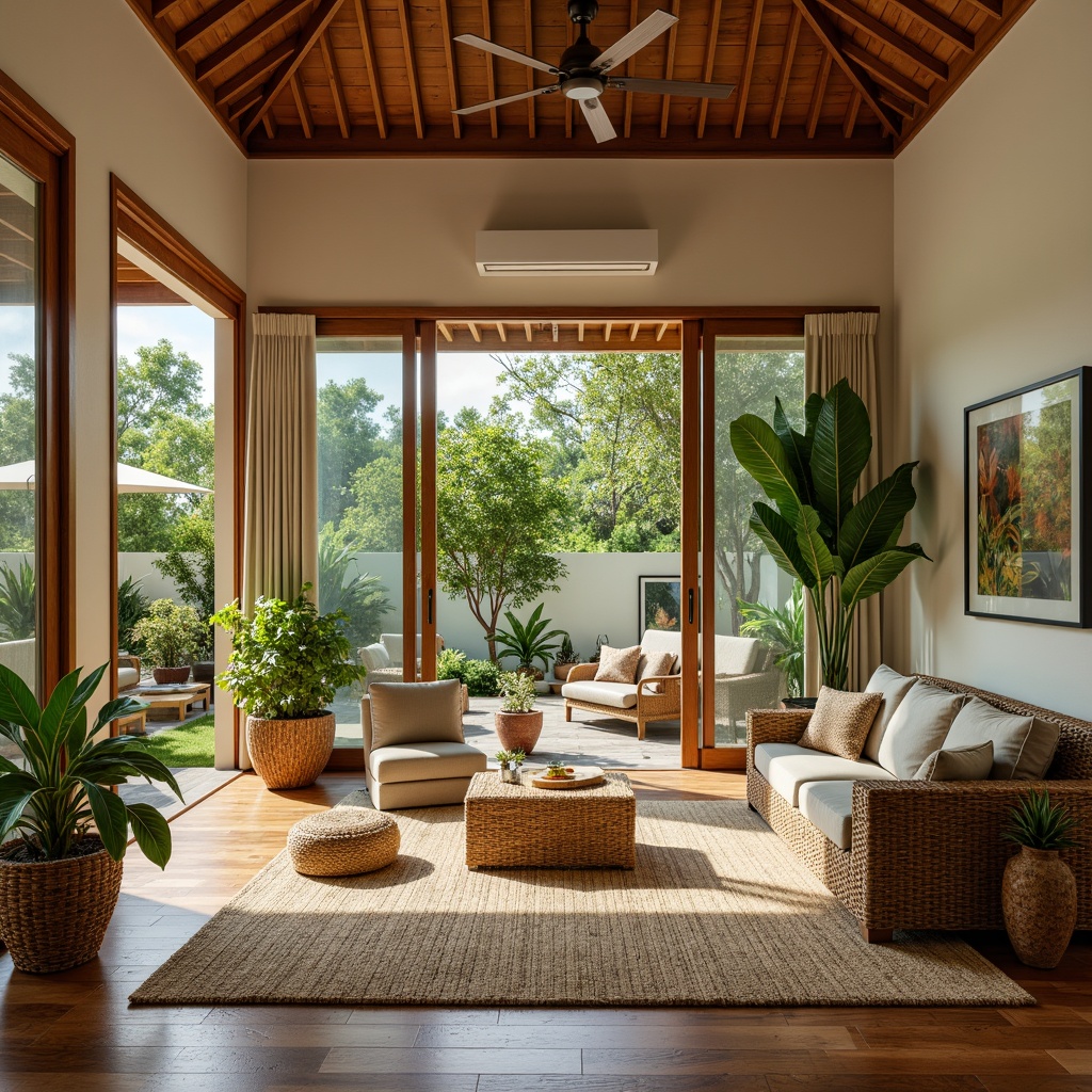 Prompt: Tropical family room, exotic wooden flooring, polished teak surfaces, woven rattan furniture, vibrant greenery, lush potted plants, natural fiber area rugs, warm beige walls, high ceilings, large windows, sliding glass doors, outdoor lanai access, sunny day, soft diffused lighting, shallow depth of field, 3/4 composition, panoramic view, realistic textures, ambient occlusion.