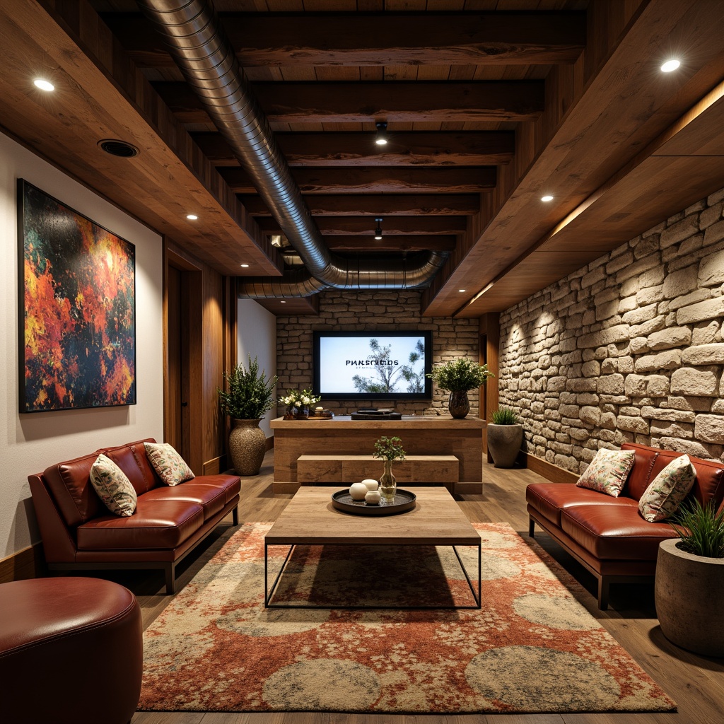 Prompt: Cozy basement atmosphere, rustic stone walls, warm earthy tones, natural textures, wooden accents, soft ambient lighting, plush carpets, modern minimalist decor, sleek metal railings, industrial-chic exposed ductwork, urban loft-inspired design, distressed wood finishes, rich leather upholstery, dramatic color contrasts, statement light fixtures, bold geometric patterns.