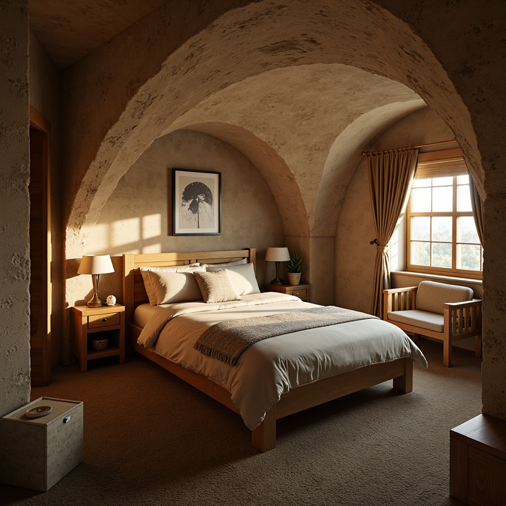 Prompt: Cozy bedroom, soft warm lighting, plush carpeting, textured walls, rough-hewn stone accents, earthy color palette, natural wood furniture, minimalist decor, calm ambiance, serene atmosphere, 3/4 composition, shallow depth of field, realistic textures, ambient occlusion.