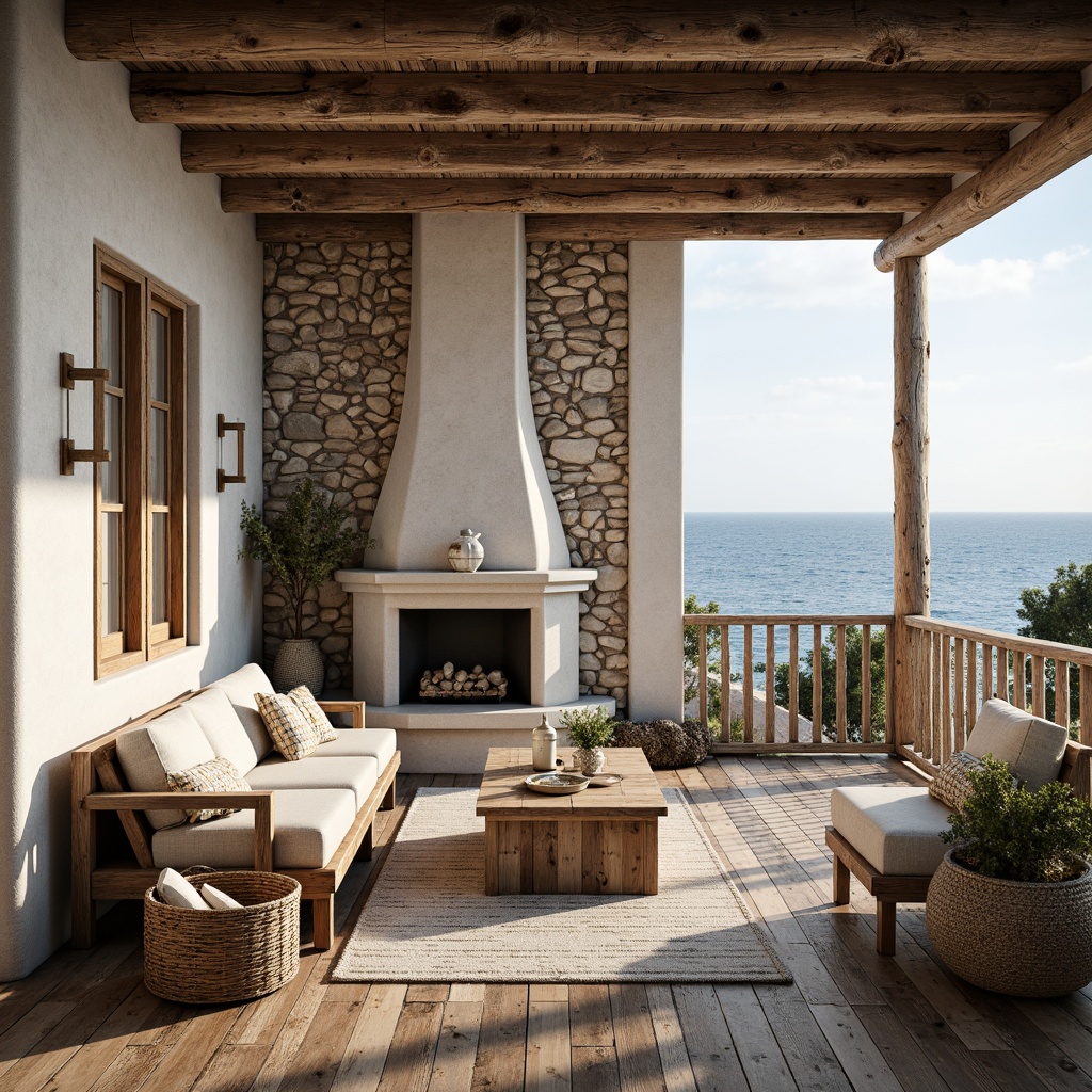 Prompt: Weathered wooden planks, driftwood accents, sea-salted stone walls, rough-hewn pebbles, beachy stucco facades, ocean-inspired color palette, soft misty lighting, shallow depth of field, 1/1 composition, panoramic view, realistic textures, ambient occlusion, cozy seaside cottage, nautical-themed decor, rope-adorned railings, distressed wooden furniture, coral-patterned rugs, shell-shaped decorative accents, natural linen upholstery, calming ocean sounds.