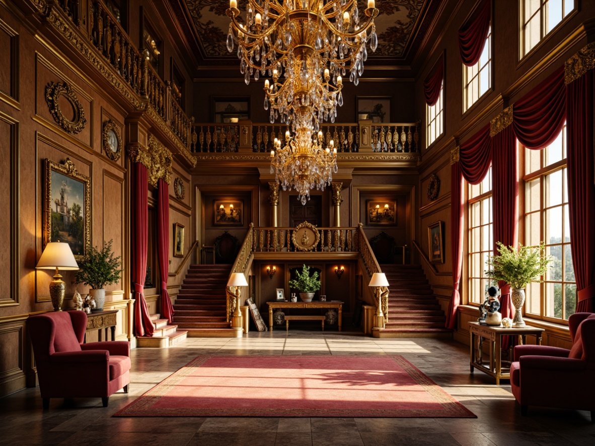 Prompt: Ornate Baroque palace, rich velvet fabrics, gilded ornamental details, intricately carved wooden furniture, polished marble floors, sparkling crystal chandeliers, rustic stone walls, grandiose staircases, lavish furnishings, regal tapestries, warm golden lighting, high-contrast textures, dramatic shadows, 1/2 composition, symmetrical framing, cinematic atmosphere, highly detailed ornaments, opulent decorative patterns.