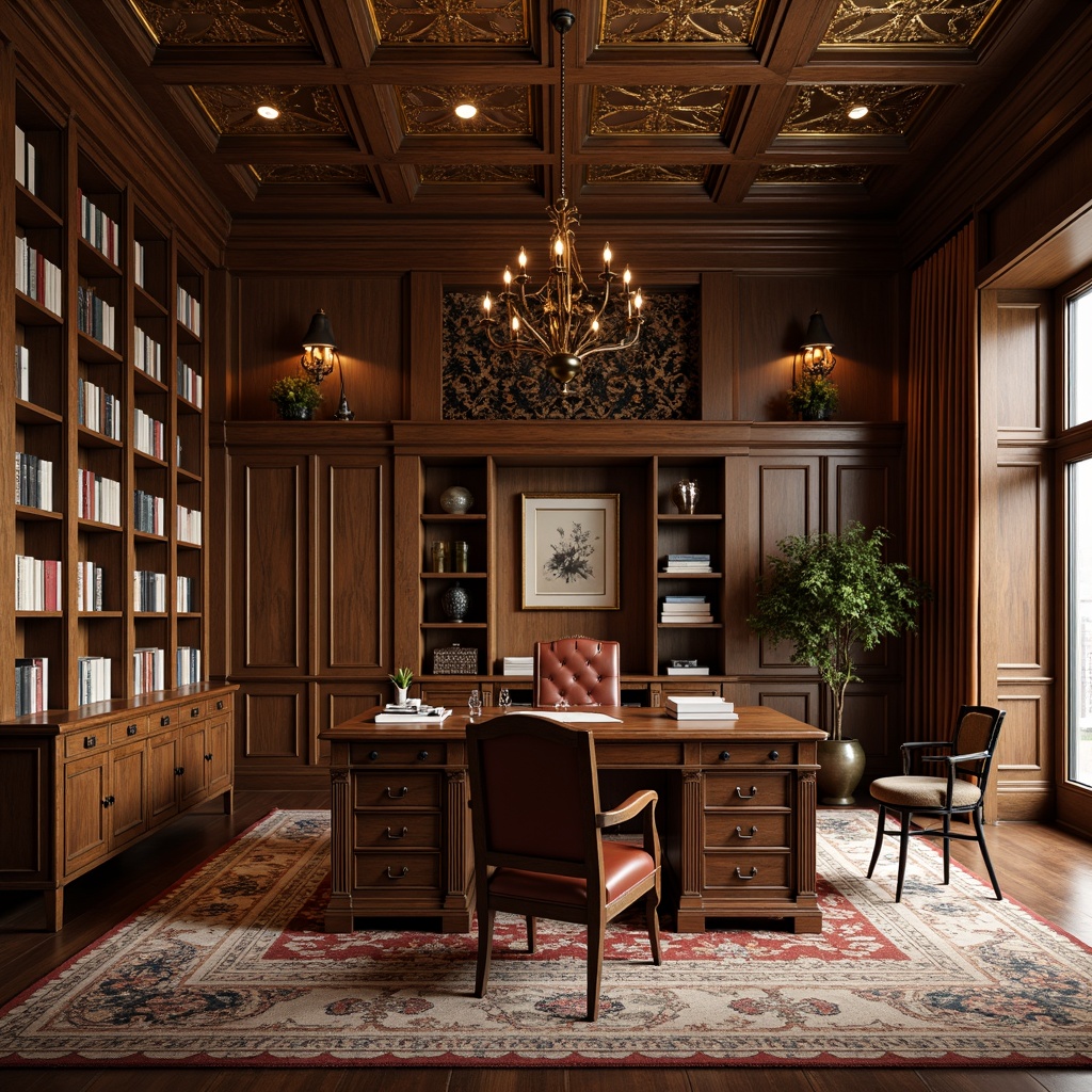 Prompt: Rich wood tones, ornate carvings, luxurious leather upholstery, stately executive desk, comfortable ergonomic chair, classic roll-top filing cabinets, elegant bookshelves, refined metal accents, soft warm lighting, traditional rug patterns, sophisticated color palette, subtle texture contrasts, 1/1 composition, realistic material reflections, ambient occlusion, cozy workspace atmosphere.