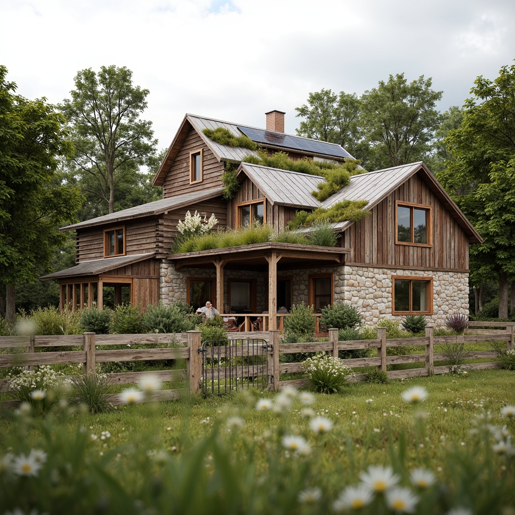 Prompt: Rustic farmhouse, natural materials, reclaimed wood, stone walls, earthy tones, green roofs, living walls, solar panels, wind turbines, rainwater harvesting systems, organic gardens, wildflower meadows, wooden fences, metal gates, vintage farm equipment, traditional architecture, warm soft lighting, shallow depth of field, 1/1 composition, realistic textures, ambient occlusion.