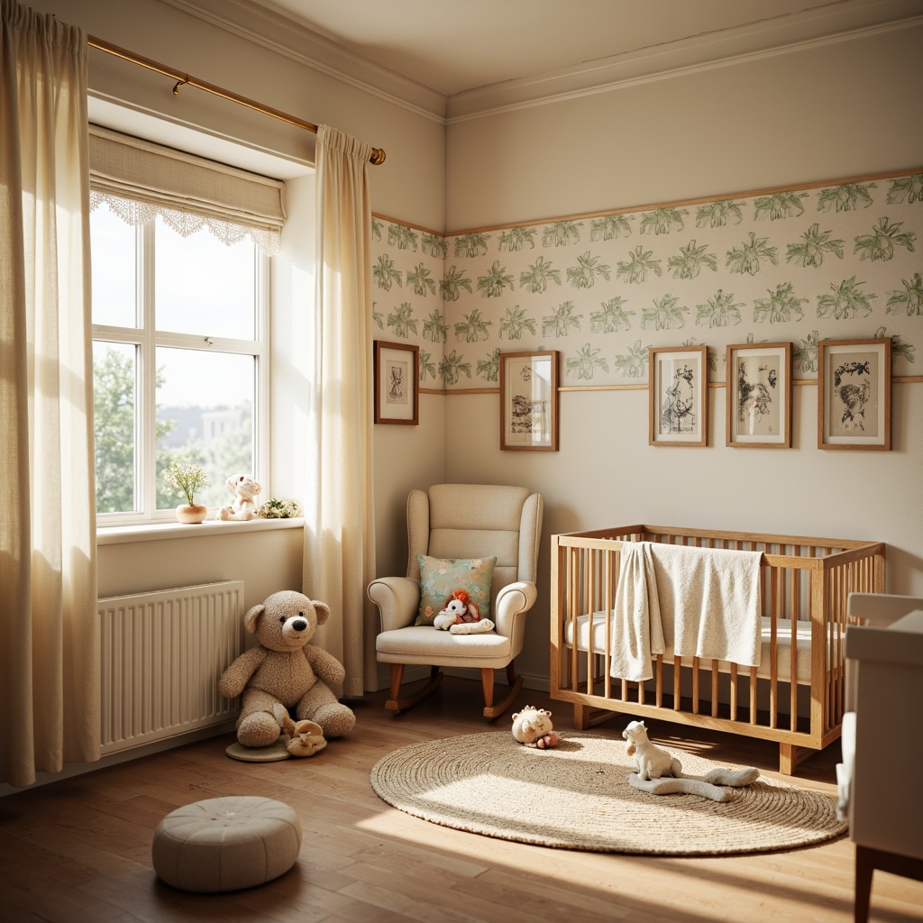 Prompt: Cozy baby room, vernacular style, warm beige walls, soft cream curtains, plush toys, wooden crib, delicate lace trim, pastel colors, gentle lighting, comfortable glider, natural woven textiles, earthy tone fabrics, whimsical nursery rhyme patterns, vintage-inspired wallpaper, distressed wood furniture, rustic metal decor, serene atmosphere, shallow depth of field, 1/1 composition, warm soft focus.