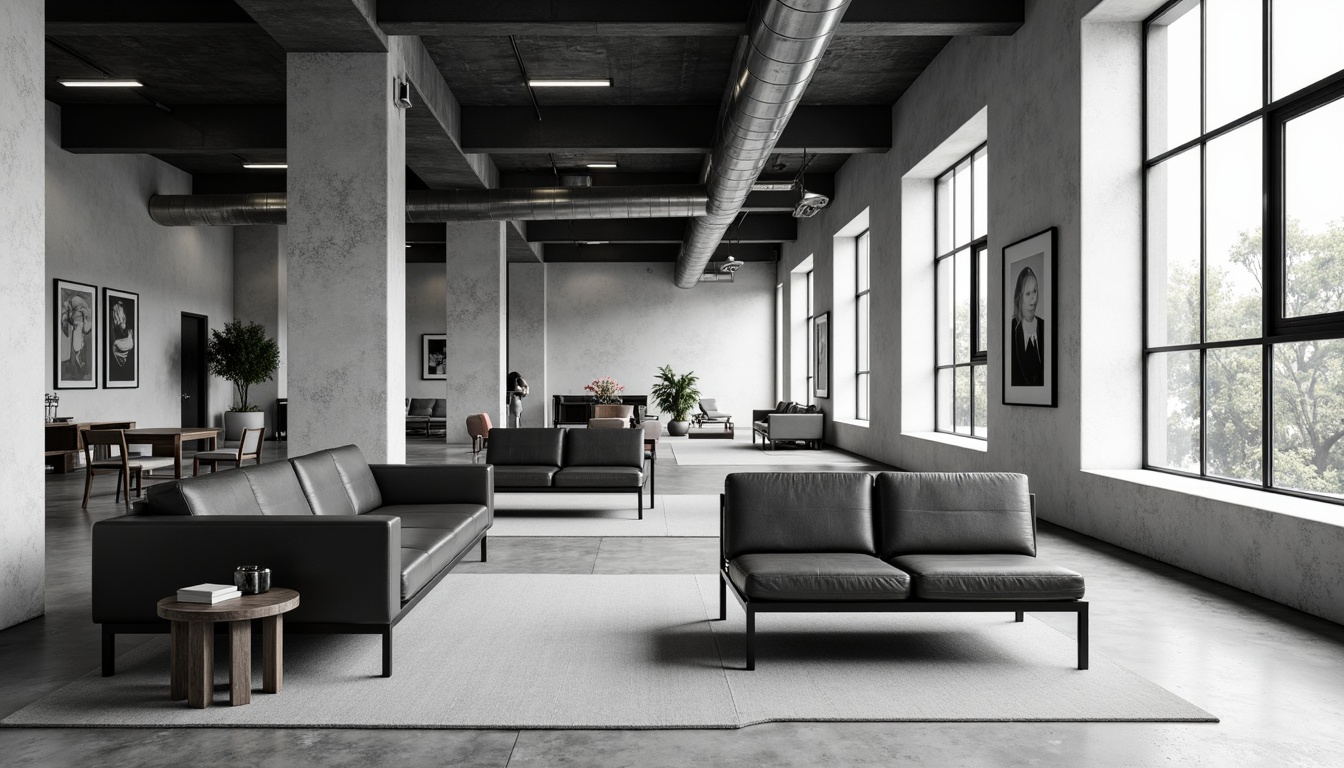 Prompt: Monochromatic color scheme, clean lines, minimal ornamentation, industrial materials, steel frames, leather upholstery, geometric shapes, functional simplicity, open floor plan, large windows, natural light, airy atmosphere, urban loft setting, concrete floors, exposed ductwork, modernist architecture, 3/4 composition, high contrast lighting, shallow depth of field, realistic textures, ambient occlusion.