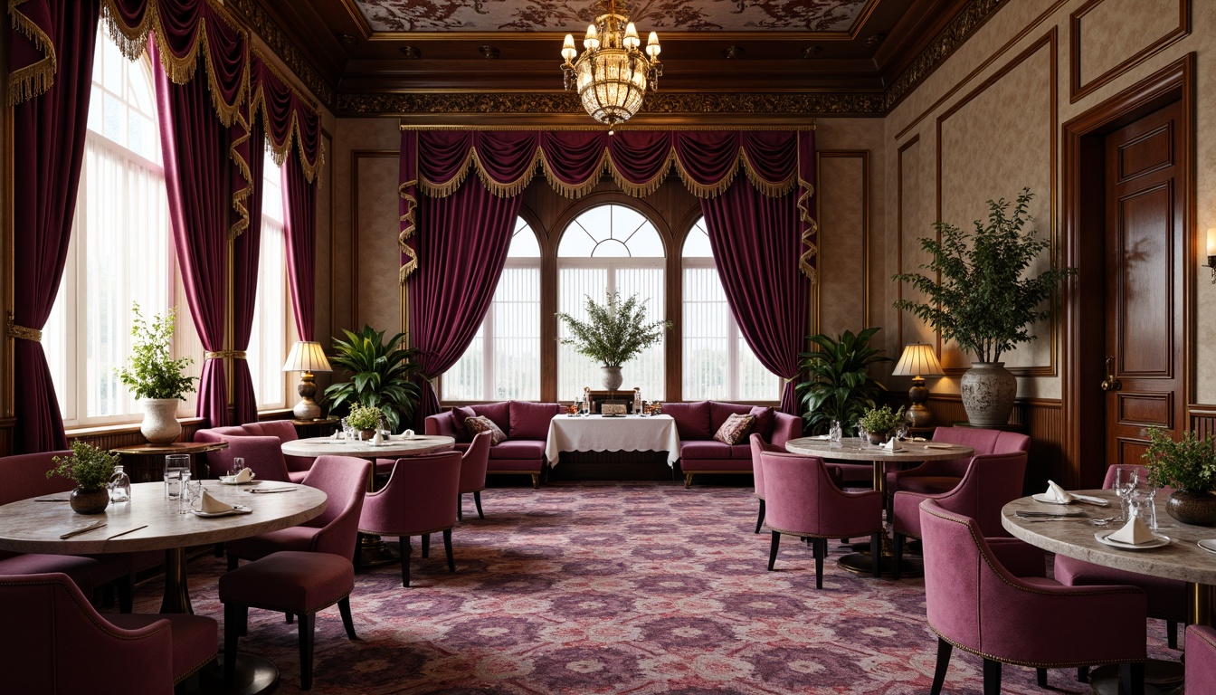 Prompt: Richly ornate breakfast nook, lavish velvet fabrics, intricate gold embroidery, luxurious silk drapes, ornamental tassels, regal purple hues, gilded accents, carved wooden furnishings, grand crystal chandeliers, soft warm lighting, intimate seating arrangements, elegant marble countertops, antique bronze hardware, opulent floral patterns, heavy brocade upholstery, majestic architectural details.