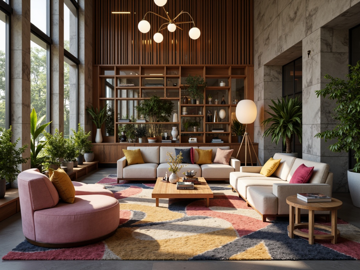 Prompt: Vibrant modern interior, eclectic furniture pieces, rich wood accents, bold geometric patterns, soft pastel hues, creamy whites, deep charcoal grays, luxurious velvet fabrics, metallic gold details, natural stone walls, abundant greenery, dramatic floor lamps, warm ambient lighting, shallow depth of field, 1/1 composition, realistic textures, ambient occlusion.