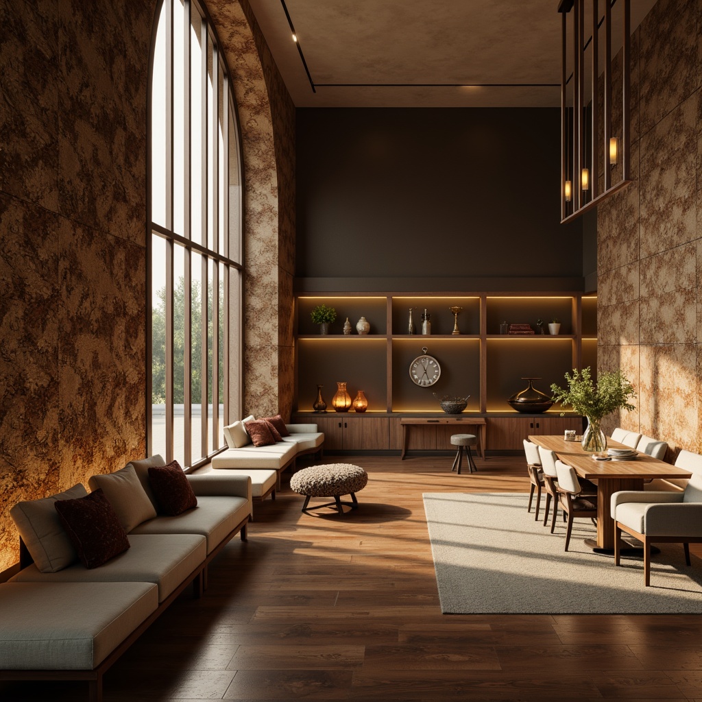 Prompt: Luxurious living room, richly textured walls, velvety soft furniture, wooden floorboards, natural stone countertops, metallic accents, modern minimalist decor, ambient warm lighting, shallow depth of field, 1/2 composition, realistic reflections, detailed normal maps.