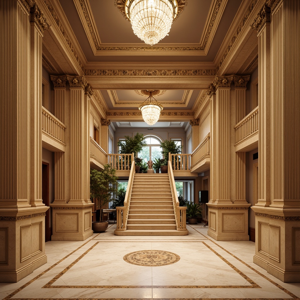 Prompt: Luxurious interior, ornate moldings, intricate carvings, gilded details, polished wood surfaces, creamy marble floors, crystal chandeliers, grand staircases, elegant archways, refined columns, sophisticated color palette, soft warm lighting, shallow depth of field, 3/4 composition, realistic textures, ambient occlusion.