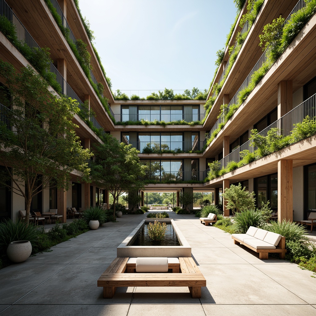 Prompt: Airy atrium, natural ventilation, lush green walls, living roofs, open courtyards, serene water features, minimalist benches, weathered wood accents, rustic stone flooring, modern pergolas, soft diffused lighting, gentle breeze, warm sunny day, shallow depth of field, 1/1 composition, panoramic view, realistic textures, ambient occlusion.