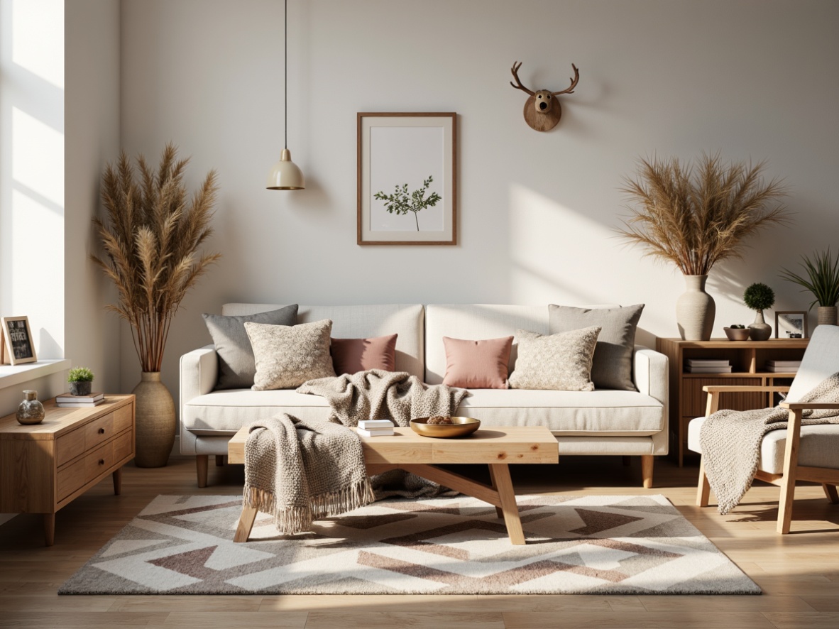 Prompt: Cozy Nordic living room, plush throw blankets, natural woven fibers, earthy tone color palette, minimalist decor, light wood accents, modern Scandinavian furniture, geometric patterned rugs, soft pastel hues, warm ambient lighting, shallow depth of field, 1/1 composition, intimate atmosphere, realistic textures, subtle shadows.