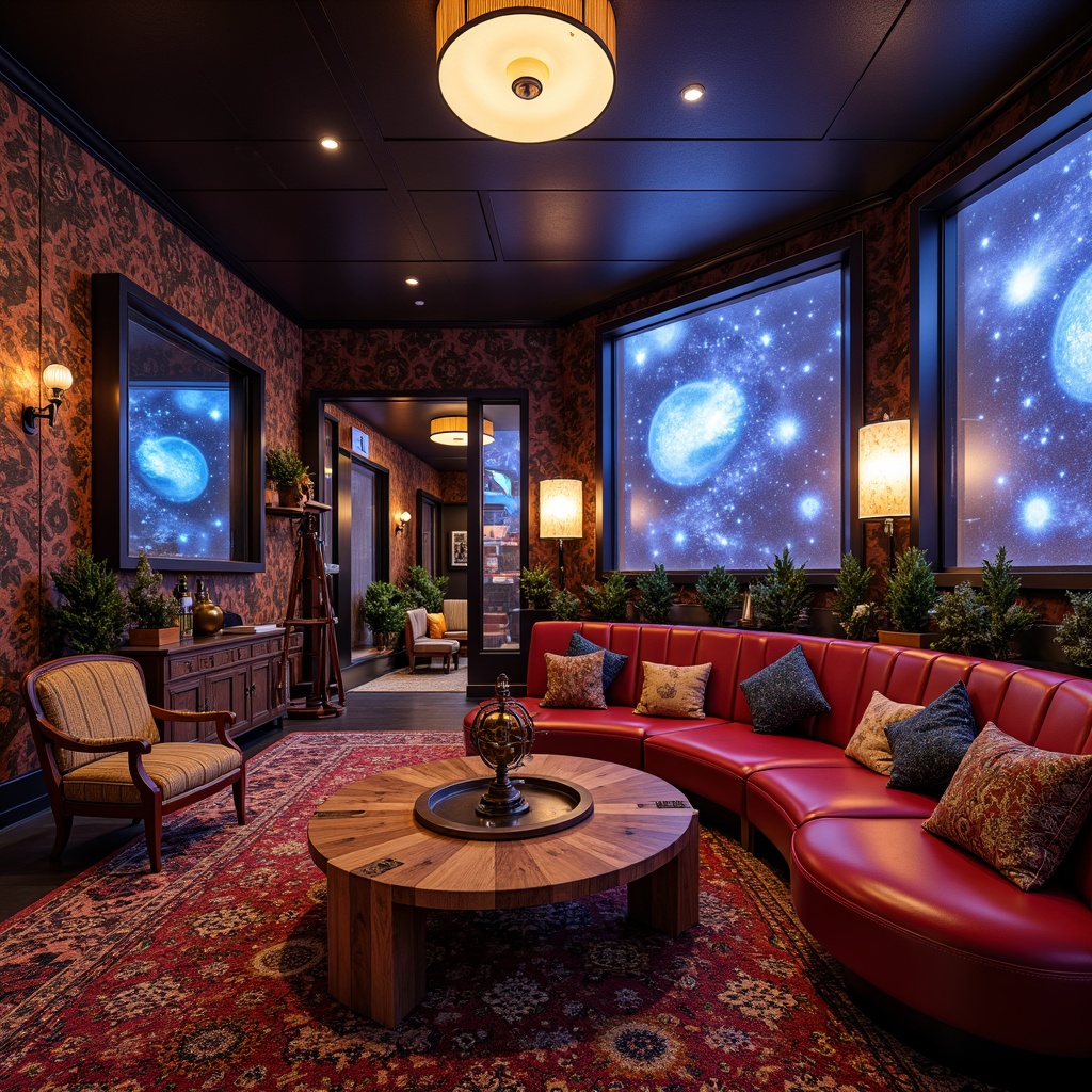 Prompt: Vibrant planetarium interior, eclectic furniture mix, plush velvet sofas, reclaimed wood coffee tables, metallic industrial chairs, vintage astronomical instruments, celestial-inspired lighting fixtures, starry night sky projections, rich jewel-toned rugs, galaxy-patterned throw pillows, brass accents, wooden astronomy models, futuristic space-age decor, ambient neon glow, shallow depth of field, 1/2 composition, realistic textures, soft warm lighting.