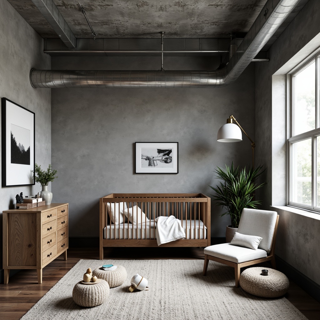 Prompt: Monochromatic nursery, industrial-chic decor, brutalist concrete walls, minimalist crib, reclaimed wood furniture, geometric-shaped toys, urban-loft-inspired atmosphere, exposed ductwork, polished metal accents, bold color blocking, textured rugs, oversized industrial lamps, abstract art pieces, Scandinavian-inspired wooden chairs, chunky woven baskets, natural linen fabrics, softbox lighting, cinematic composition, high-contrast imagery.