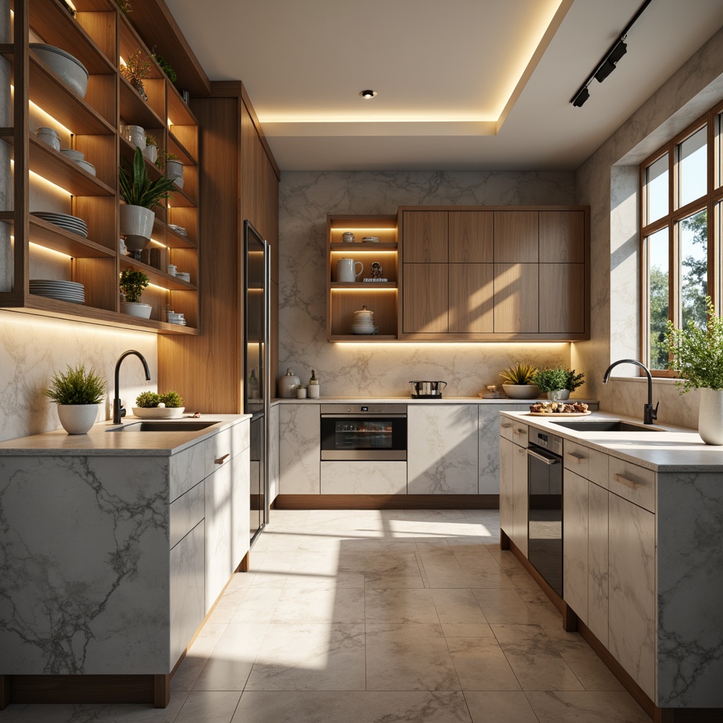 Prompt: Modern pantry, sleek countertops, high-gloss finishes, marble textures, quartz surfaces, minimalist cabinets, soft-close drawers, chrome hardware, pendant lighting, warm ambient glow, shallow depth of field, 1/1 composition, realistic reflections, intricate stone patterns, luxurious feel, morning sunlight, fresh flowers, aromatic herbs.