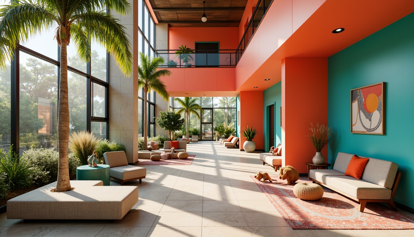 Prompt: Vibrant rehabilitation center, bold color palette, bright coral walls, calming turquoise accents, warm beige floors, eclectic furniture arrangement, asymmetrical layout, natural light pouring in, large windows, sleek metal frames, abstract art pieces, geometric patterned rugs, playful textile designs, whimsical sculptures, modernist architecture, brutalist concrete structures, lush greenery surroundings, tropical plants, sunny day, soft warm lighting, shallow depth of field, 1/2 composition, realistic textures, ambient occlusion.