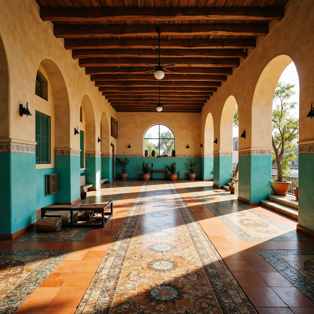 Prompt: Vibrant Mediterranean gymnasium, warm beige walls, rich turquoise accents, rustic wooden floors, antique terra cotta tiles, distressed metal equipment, colorful mosaic patterns, natural stone columns, arched windows, soft warm lighting, 1/1 composition, shallow depth of field, realistic textures, ambient occlusion.