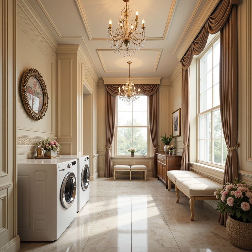 Prompt: Luxurious laundry room, soft pastel hues, creamy whites, rich gold accents, ornate moldings, delicate florals, velvet drapes, marble countertops, antique furniture pieces, warm beige walls, opulent chandeliers, sparkling crystals, gentle warm lighting, 1/2 composition, shallow depth of field, realistic textures, ambient occlusion.