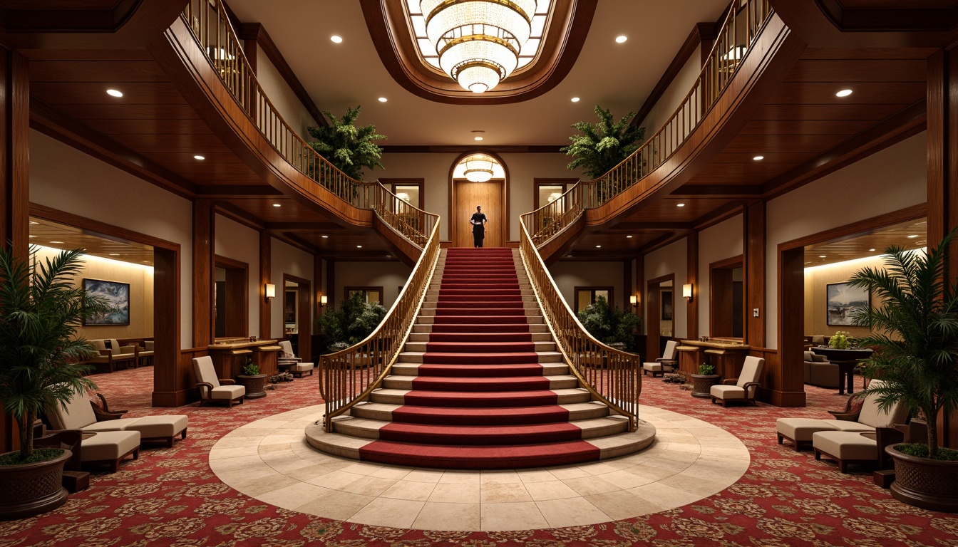 Prompt: Luxurious staircase, grandeur atmosphere, rich wood tones, ornate carvings, polished banisters, velvet soft carpeting, golden metal railings, crystal chandeliers, opulent furnishings, majestic architecture, high ceilings, spacious landings, elegant curves, sophisticated details, warm ambient lighting, shallow depth of field, 1/1 composition, realistic textures.