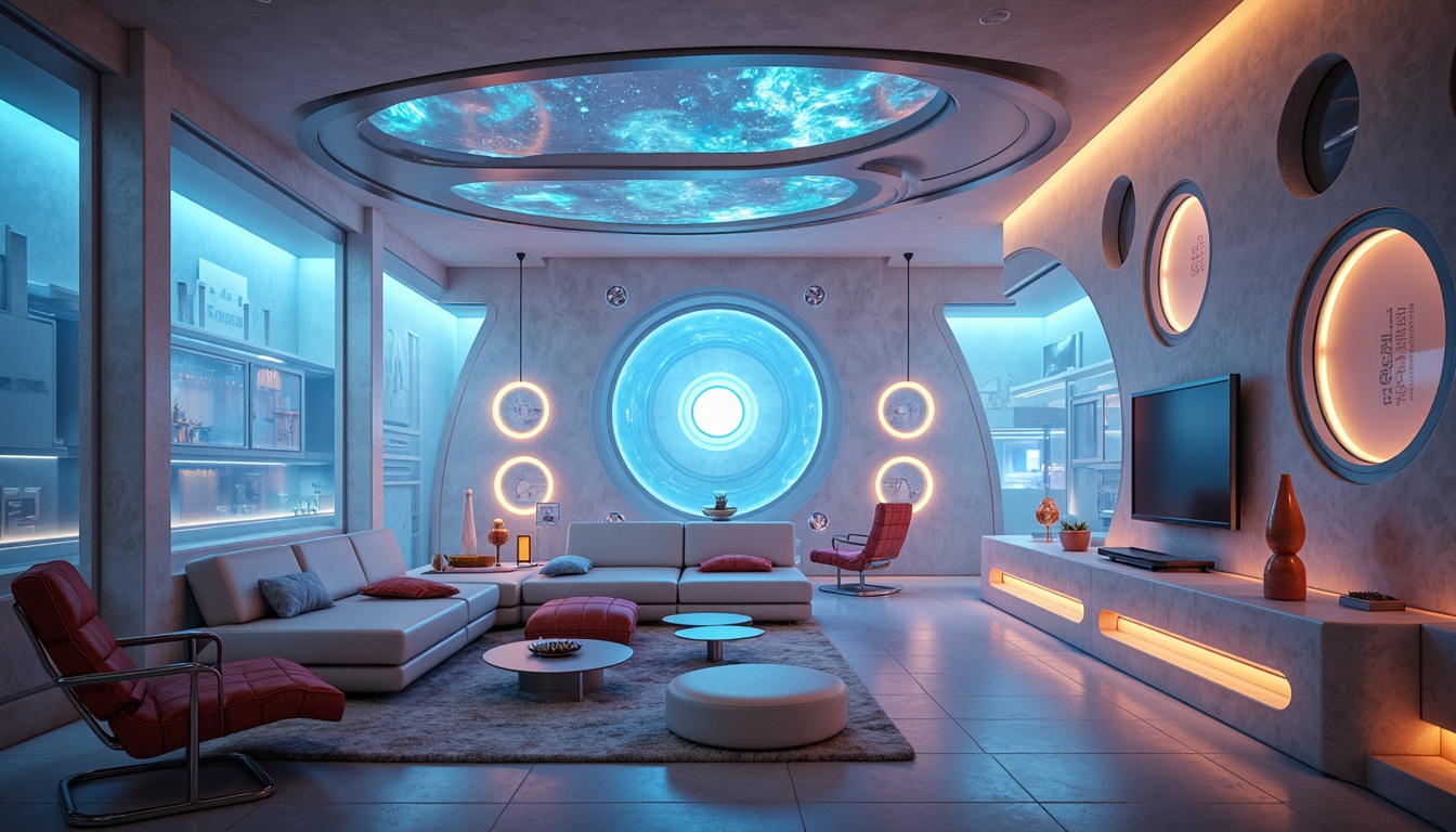 Prompt: Futuristic living room, sleek metallic accents, holographic displays, levitating furniture, neon-lit ambiance, glowing orbs, minimalist decor, curved lines, translucent materials, ambient lighting, soft pastel colors, retro-futuristic patterns, 3D-printed chairs, futuristic sculptures, LED strip lights, atmospheric fog, shallow depth of field, 1/2 composition, cinematic view, high-tech gadgets, virtual reality interfaces.