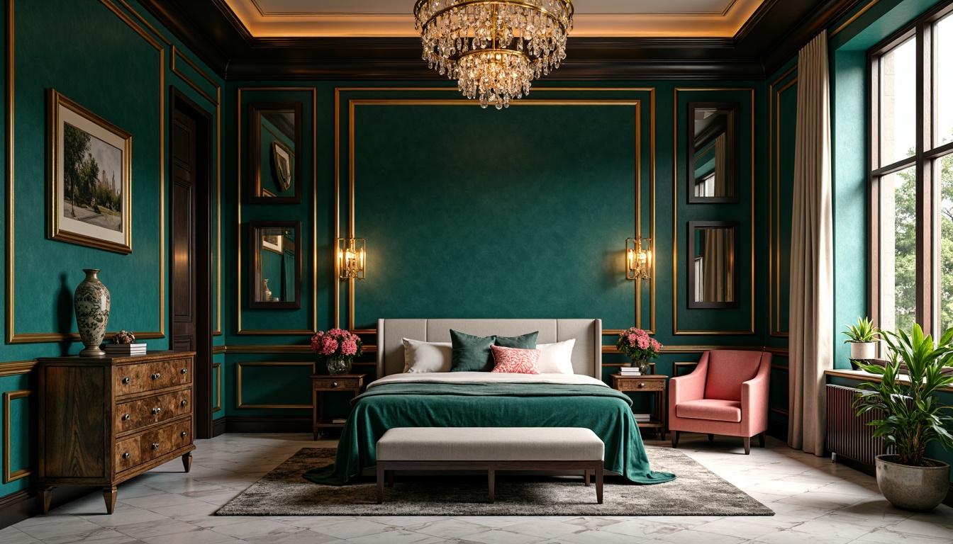 Prompt: Luxurious Art Deco bedroom, rich jewel tones, emerald green walls, navy blue accents, golden metallic details, ornate geometric patterns, velvet soft furnishings, lavish crystal chandeliers, opulent marble floors, sophisticated neutral background, bold black outlines, vibrant coral pink highlights, warm bronze lighting, dramatic shadows, 1/1 composition, shallow depth of field, cinematic ambiance.